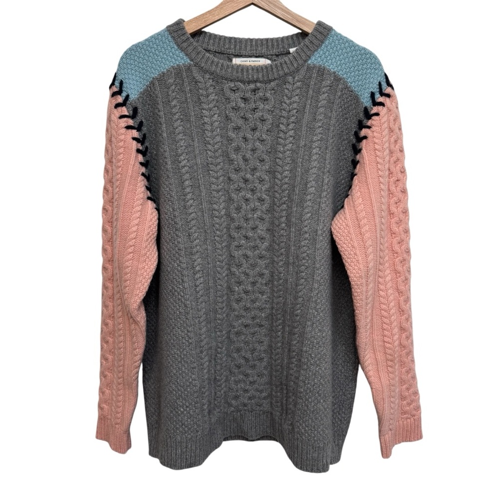 Chinti & Parker 100% Lambswool Cable Knit Patchwork Sweater Women Medium